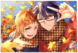 Rule 34 | 2boys, :&lt;, arm around shoulder, arm up, autumn, autumn leaves, black-framed eyewear, blue eyes, blue hair, blue sweater, blush, border, closed mouth, dark blue hair, fushimi saruhiko, glasses, hair between eyes, hair intakes, highres, index finger raised, jewelry, k-project, long sleeves, male focus, multiple boys, one eye closed, open mouth, orange hair, plaid clothes, plaid scarf, red sweater, ring, scarf, soysae, sweater, teeth, tongue, upper body, white border, yata misaki, yellow eyes