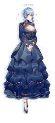 Rule 34 | absurdres, alternate costume, artist name, bangle, blue dress, blue footwear, blue hair, blue nails, bracelet, braid, breasts, brown eyes, cleavage, cleavage cutout, clothing cutout, crown braid, dress, drop shadow, fire emblem, fire emblem: three houses, full body, high heels, highres, inkanii, jewelry, large breasts, long dress, marianne von edmund, nail polish, nintendo, simple background, solo, strappy heels, white background