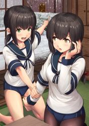 Rule 34 | 2girls, adapted costume, arm warmers, bare legs, black hair, black legwear, blue buruma, blush, breasts, buruma, collarbone, commentary request, fubuki (kancolle), green eyes, hand on own cheek, hand on own face, highres, holding another&#039;s arm, ichikawa feesu, indoors, isonami (kancolle), kantai collection, long hair, long sleeves, looking at another, looking at viewer, multiple girls, open mouth, open window, pantyhose, pointing, ponytail, school uniform, serafuku, short hair, short sleeves, sidelocks, small breasts, snow, tatami, window, winter, yellow eyes
