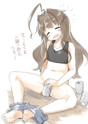 Rule 34 | 1girl, ahoge, alcohol, alternate costume, barefoot, beer, beer can, black tank top, blush, can, closed eyes, clothes lift, clothes pull, covering privates, denim, denim shorts, drink can, fang, flat chest, highres, huge ahoge, kantai collection, kuma (kancolle), lifting own clothes, long hair, nassukun, navel, open mouth, pussy, shirt lift, shorts, shorts pull, simple background, sitting, solo, tank top, translation request
