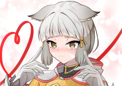 Rule 34 | 1girl, animal ear fluff, animal ears, blush, brown eyes, brown jumpsuit, closed mouth, ears down, eteko (eteco30), facial mark, gloves, grey gloves, grey hair, hands up, heart, jumpsuit, long sleeves, looking at viewer, nia (xenoblade), sleeves past wrists, solo, upper body, wavy mouth, xenoblade chronicles (series), xenoblade chronicles 2