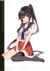 Rule 34 | 1girl, absurdres, bare arms, bare legs, bare shoulders, barefoot, black hair, character request, feet, highres, kantai collection, mishima kurone, ponytail, red eyes, red skirt, school uniform, skirt, yahagi (kancolle)