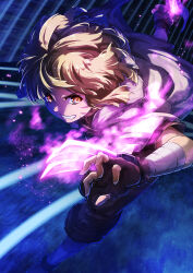 Rule 34 | 1girl, absurdres, argo the rat, black gloves, blonde hair, brown eyes, brown hair, commentary request, fighting stance, fingerless gloves, gloves, glowing, highres, looking at viewer, oboro neko, open mouth, shirt, short hair, smile, solo, sword art online, sword art online progressive, teeth, weapon, yellow eyes