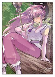 Rule 34 | 1girl, arche klein, belt, bracelet, broom, elbow gloves, feet out of frame, gloves, highres, jewelry, long hair, misuco28, pants, pink eyes, pink hair, pink pants, ponytail, solo, tales of (series), tales of phantasia, tree, wide ponytail