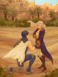 Rule 34 | 1boy, 1girl, absurdres, blue hair, boots, breasts, brown gloves, cape, chrom (fire emblem), city, cleavage, desert, fire emblem, fire emblem awakening, gloves, highres, kneeling, looking at another, medium breasts, nintendo, palm tree, ponytail, marriage proposal, purple robe, robe, robean (birbtactician), robin (female) (fire emblem), robin (fire emblem), sand, small breasts, smile, tree, white cape, white hair