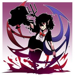 Rule 34 | 1girl, asymmetrical wings, black dress, black hair, black thighhighs, bow, bowtie, dress, full body, gradient background, grin, houjuu nue, kikoka (mizuumi), looking at viewer, pointy ears, polearm, purple background, red bow, red bowtie, red eyes, short dress, short sleeves, smile, solo, thighhighs, touhou, trident, weapon, wings, wrist cuffs