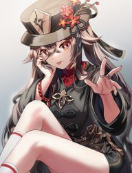 Rule 34 | 1girl, bad id, bad twitter id, black hat, black shirt, black shorts, bracelet, brown hair, chinese clothes, crossed bangs, flower, genshin impact, gradient background, grey background, hand up, hat, hat flower, hat ornament, head rest, hu tao (genshin impact), jewelry, kneehighs, knees up, long hair, long sleeves, looking at viewer, red eyes, ring, shirt, short shorts, shorts, silence girl, simple background, sitting, socks, solo, tongue, tongue out, white socks, wide sleeves