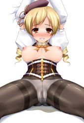 Rule 34 | 1girl, arm warmers, arms up, beret, black hat, black pantyhose, blonde hair, blush, bow, bow panties, breasts, breasts apart, breasts out, brown eyes, corset, drill hair, eto, hat, large breasts, looking at viewer, magical girl, mahou shoujo madoka magica, mahou shoujo madoka magica (anime), nipples, panties, panties under pantyhose, pantyhose, pee, pee stain, peeing, peeing self, short hair, simple background, sitting, solo, spread legs, sweat, tomoe mami, twin drills, underwear, white background, white panties, wide spread legs