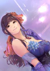 Rule 34 | 1girl, ahoge, bare shoulders, breasts, brown eyes, brown hair, carina (xiaowoo), corset, dress, flower, gloves, hair flower, hair ornament, large breasts, long hair, original, pointing, ponytail, smile, solo