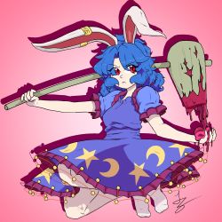 Rule 34 | 1girl, ambiguous red liquid, animal ears, beetsfoxxy, bloomers, blue dress, blue hair, commentary, crescent, dress, earclip, english commentary, engrish commentary, highres, kine, mallet, moon rabbit, pink background, puffy short sleeves, puffy sleeves, rabbit ears, red eyes, seiran (touhou), short sleeves, star (symbol), touhou, underwear