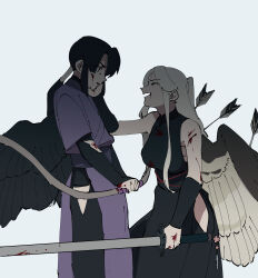 Rule 34 | 1boy, 1girl, ^ ^, arrow (projectile), arrow in body, black hair, black wings, bleeding, blood, blood from mouth, blood on clothes, blood on face, blood on hands, bloody weapon, bow (weapon), breasts, chest sarashi, chinese clothes, closed eyes, comforting, crying, feathered wings, hair tubes, half updo, hand on another&#039;s cheek, hand on another&#039;s face, hand up, height difference, highres, hip vent, holding, holding bow (weapon), holding sword, holding weapon, injury, kneeling, large breasts, layered sleeves, long hair, long sleeves, medium breasts, nanahyaku torako, open mouth, original, ponytail, purple robe, robe, sarashi, sash, short over long sleeves, short sleeves, sidelocks, simple background, sleeveless, standing, sword, torn clothes, weapon, white background, white hair, wings