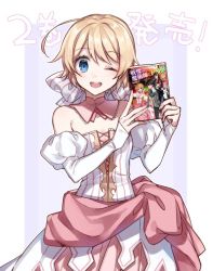 Rule 34 | 1girl, ahoge, arms up, bad id, bad twitter id, blonde hair, blue eyes, book, choker, detached sleeves, dress, eyebrows, fingerless gloves, gloves, gown, hair ribbon, lettice allemande, looking at viewer, official art, one eye closed, open mouth, pink dress, ribbon, senritsu no majutsushi to goteijuu, shirako miso, short hair, smile, solo focus, white gloves