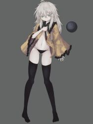 Rule 34 | 1girl, :|, black panties, black thighhighs, blouse, bright pupils, buttons, closed mouth, clothes lift, diamond button, eyeball, frilled shirt collar, frilled sleeves, frills, full body, green eyes, grey background, hair between eyes, hand on own chest, hand up, highres, komeiji koishi, light grey hair, long sleeves, looking at viewer, medium hair, messy hair, no headwear, no pants, no shoes, open clothes, open shirt, panties, reverinth, shirt, shirt lift, simple background, solo, standing, thighhighs, third eye, touhou, underwear, wavy hair, wide sleeves, yellow shirt