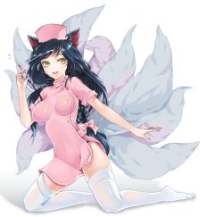 Rule 34 | 1girl, ahri (league of legends), animal ears, bad id, bad pixiv id, black hair, blush, braid, breasts, dress, covered erect nipples, facial mark, feet, fox ears, fox tail, hair ribbon, hat, impossible clothes, league of legends, leecheie, lipstick, long hair, makeup, medium breasts, multiple tails, no shoes, nurse, nurse cap, panties, pink dress, pink skirt, red lips, ribbon, side slit, single braid, skirt, slit pupils, smile, solo, syringe, tail, thighhighs, underwear, whisker markings, yellow eyes