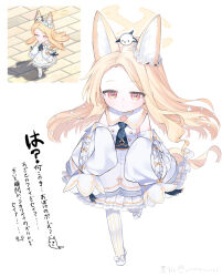 1girl amanatsu_uni animal_ear_fluff animal_ears artist_name blonde_hair blue_archive blue_necktie bow buttons closed_mouth commentary_request detached_sleeves double-breasted dress expressionless floating_hair flower flower_wreath footwear_bow forehead fox_ears fox_girl fox_tail frilled_dress frills game_screenshot_inset hair_flower hair_ornament halo highres leg_up long_hair looking_at_viewer multicolored_eyes necktie pantyhose parted_bangs pink_eyes reference_inset sailor_collar seia_(blue_archive) shoes sidelocks simple_background sleeveless sleeveless_dress sleeves_past_fingers sleeves_past_wrists solo striped_clothes striped_pantyhose tail tail_bow tail_ornament translation_request twitter_username vertical-striped_clothes vertical-striped_pantyhose very_long_sleeves white_background white_bow white_dress white_flower white_footwear white_pantyhose white_sailor_collar white_sleeves yellow_bow yellow_eyes yellow_halo