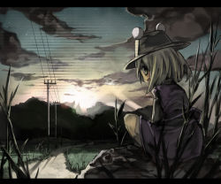Rule 34 | 1girl, :d, bad id, bad pixiv id, blonde hair, cloud, cucui, cusui, female focus, grass, green eyes, hat, landscape, letterboxed, moriya suwako, mountain, open mouth, power lines, road, sideways mouth, sky, smile, solo, star (sky), starry sky, sunset, touhou, utility pole
