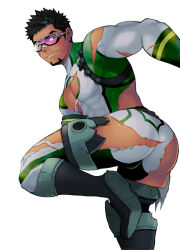 Rule 34 | 1boy, ass, ass focus, bandaid, bandaid on face, bandaid on nose, bara, black hair, blush, bodysuit, bulge peek, butt crack, dark-skinned male, dark skin, facial hair, foot out of frame, from behind, goatee, gorioxxxx, green hair, highres, kyoichi (live a hero), leaning forward, live a hero, looking back, male focus, multicolored hair, muscular, muscular male, one eye closed, pectoral cleavage, pectorals, short hair, sideburns, solo, streaked hair, sweatdrop, thick eyebrows, thick thighs, thighs, torn bodysuit, torn clothes, turning around, v, wink star