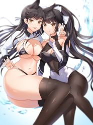 Rule 34 | 2girls, animal ears, ass, atago (azur lane), atago (stunning speedster) (azur lane), azur lane, bare shoulders, bikini, black bikini, black hair, blurry, bodysuit, bow, breasts, brown eyes, brown legwear, chang (user rpea4874), cleavage, closed mouth, collarbone, commentary, covered navel, depth of field, elbow gloves, fingerless gloves, floating hair, fox ears, gloves, hair bow, hair flaps, hair ribbon, highres, large breasts, leotard, long hair, long sleeves, looking at viewer, mole, mole under eye, multiple girls, navel, pantyhose, ponytail, race queen, ribbon, shrug (clothing), sidelocks, smile, swimsuit, takao (azur lane), takao (full throttle charmer) (azur lane), thighhighs, tongue, tongue out, turtleneck, v, very long hair, water, white bow, white gloves, white ribbon, wing collar, wrist cuffs