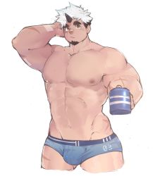 Rule 34 | 1boy, abs, akiha gongen (housamo), alternate skin color, bandaid, bandaid on face, bandaid on nose, bara, blue male underwear, briefs, brown hair, bulge, cropped legs, cup, facial hair, goatee, highres, holding, holding cup, horns, large pectorals, looking at viewer, male focus, male underwear, mature male, multicolored hair, muscular, muscular male, nipples, pectorals, scar, scar on arm, scar on leg, short hair, sideburns, single horn, solo, stomach, thick thighs, thighs, tokyo houkago summoners, two-tone hair, underwear, underwear only, white hair, yanjirou