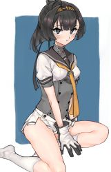 Rule 34 | 1girl, akizuki (kancolle), black hair, black sailor collar, blue eyes, blush, breasts, clothes writing, gloves, hachimaki, headband, highres, kantai collection, karutade, kneehighs, long hair, looking at viewer, neckerchief, parted lips, pleated skirt, ponytail, sailor collar, school uniform, simple background, sitting, skirt, small breasts, socks, solo, two-tone background, white skirt, white socks, yellow neckerchief