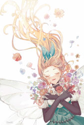 Rule 34 | 1girl, absurdres, black gloves, blonde hair, blue flower, commentary, crossed arms, elbow gloves, english commentary, closed eyes, fairy, fairy wings, floating hair, flower, gloves, green ribbon, hair ribbon, highres, long hair, nijisanji, nijisanji en, pomu rainpuff, purple flower, red flower, red rose, ribbon, rose, shouki2309, solo, virtual youtuber, white background, wings