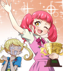 Rule 34 | 10s, 2girls, ;d, akagi anna, arm up, blonde hair, blue shirt, blunt bangs, chibi, clenched hands, clenched teeth, crying, crying with eyes open, dress, drill hair, furrowed brow, gradient background, head tilt, highres, holding, holding trophy, jealous, kiratto pri chan, long hair, looking to the side, moegi emo, multiple girls, o o, one eye closed, open mouth, pinafore dress, pink dress, pink hair, pretty series, puffy short sleeves, puffy sleeves, purple neckwear, red background, ribbon, shirt, short sleeves, sleeveless, sleeveless dress, smile, sparkle, streaming tears, suspenders, tears, teeth, tokomaya keita, trembling, trophy, twin drills, twintails, upper body, white shirt, yellow eyes