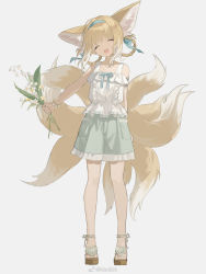 Rule 34 | 1girl, :d, ^ ^, alternate costume, animal ears, arknights, blonde hair, closed eyes, facing viewer, flower, fox ears, fox tail, full body, grey background, head tilt, highres, holding, holding flower, multiple tails, ns404, open mouth, sandals, shirt, short hair, shorts, simple background, sleeveless, sleeveless shirt, smile, solo, standing, suzuran (arknights), tail, white shirt