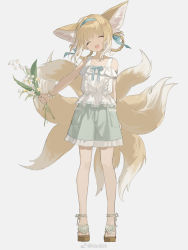 1girl :d ^_^ alternate_costume animal_ears arknights blonde_hair closed_eyes facing_viewer flower fox_ears fox_tail full_body grey_background head_tilt highres holding holding_flower multiple_tails ns404 open_mouth sandals shirt short_hair shorts simple_background sleeveless sleeveless_shirt smile solo standing suzuran_(arknights) tail white_shirt