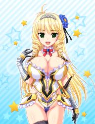 Rule 34 | 1girl, :d, ahoge, armor, blonde hair, bow, breasts, choker, christine von lerchenfeld, drill hair, flower, frilled armor, gauntlets, green eyes, hair flower, hair ornament, highres, honoo no haramase motto! hatsuiku! karada sokutei 2, huge breasts, long hair, open mouth, sheath, sheathed, smile, solo, squeez (artist), star (symbol), starry background, striped, striped background, sword, thighhighs, thong, tiara, weapon, yuibi