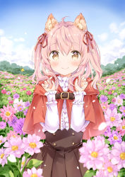 Rule 34 | animal ear fluff, animal ears, black skirt, blush, brown eyes, bug, butterfly, capelet, claw pose, cloud, cloudy sky, commentary request, field, flower, flower field, hair between eyes, hair ribbon, hood, hooded capelet, insect, long sleeves, looking at viewer, original, petals, pink hair, pleated skirt, red capelet, red ribbon, ribbon, shirt, sidelocks, skirt, sky, smile, solo, twintails, wataame27, white shirt, wolf-chan (wataame27), wolf ears, wolf girl