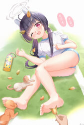 Rule 34 | 1girl, 1other, animal ears, ass, bare legs, barefoot, blue archive, blue buruma, blunt bangs, blush, buruma, cat, chinese commentary, commentary request, dog, fake animal ears, feet, tickling feet, full body, gym shirt, halo, highres, leaf, leaf on head, legs, licking, licking foot, lying, mixed-language commentary, miyu (blue archive), on side, one eye closed, open mouth, outdoors, painter-lhb, pink eyes, pov, pov hands, rabbit ears, shirt, short sleeves, soles, solo focus, tickling, toes, translated, twintails, white shirt