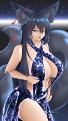 Rule 34 | absurdres, animal ear fluff, animal ears, black hair, blue eyes, breasts, crystal dress, curvy, dress, ear piercing, fang, fox ears, fox girl, fox tail, hair between eyes, hair ornament, highres, huge breasts, kiri (sub-res), kitsune, large breasts, long hair, looking at viewer, multiple tails, open mouth, piercing, simple background, sparkle, sparkle background, tail, takie arts, thighs