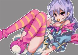 Rule 34 | 1girl, bare shoulders, braid, candy, female focus, food, lollipop, long hair, looking at viewer, neptune (series), pink eyes, purple hair, pururut, ribbon, single braid, solo, striped clothes, striped thighhighs, thighhighs