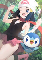 Rule 34 | 1girl, ;d, beanie, black hair, black shirt, blue eyes, boots, commentary request, commission, creatures (company), dawn (pokemon), day, eyelashes, forest, game freak, gen 4 pokemon, hair ornament, hairclip, hands up, hat, kitahara tomoe (kitahara koubou), long hair, nature, nintendo, no panties, one eye closed, open mouth, outdoors, pink footwear, piplup, pixiv commission, poke ball print, pokemon, pokemon (anime), pokemon (creature), pokemon dppt (anime), red scarf, scarf, shirt, sleeveless, sleeveless shirt, smile, socks, tree, w arms, watermark, white headwear