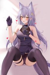 Rule 34 | 1girl, absurdres, animal ears, arknights, bare shoulders, blush, braid, chinese commentary, commentary request, gloves, heart, highres, long hair, looking at viewer, lying, on back, panties, provence (arknights), purple gloves, purple hair, purple panties, purple thighhighs, ru zhai, solo, tail, thigh strap, thighhighs, thighs, underwear, yellow eyes