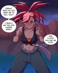 Rule 34 | angry, blush, breasts, cleavage, creatures (company), crop top, english text, exceedxatu, flannery (pokemon), game freak, highres, large breasts, long hair, nintendo, pants, pokemon, pokemon oras, ponytail, red hair, sleeveless