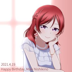 Rule 34 | 1girl, artist name, artist request, blush, bracelet, braid, breasts, collarbone, crown braid, dress, earrings, female focus, flower earrings, flower print, frilled dress, frills, hair between eyes, hand on own cheek, hand on own face, jewelry, looking at viewer, love live!, love live! school idol festival, love live! school idol festival all stars, love live! school idol project, necklace, nishikino maki, parted lips, pearl bracelet, pearl necklace, purple eyes, red hair, short hair, small breasts, smile, solo, upper body, white dress