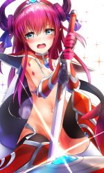 Rule 34 | 10s, 1girl, armor, black thighhighs, blue eyes, blush, bottomless, elizabeth bathory (brave) (fate), elizabeth bathory (fate), fate/extra, fate/extra ccc, fate/grand order, fate (series), highres, holding, holding sword, holding weapon, horns, long hair, looking at viewer, md5 mismatch, navel, nekodayo22, no panties, open mouth, pauldrons, purple hair, red armor, shield, shoulder armor, solo, sword, tears, thighhighs, tiara, weapon