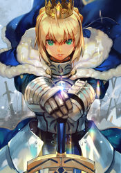 Rule 34 | 1girl, armor, armored dress, artoria pendragon (fate), blonde hair, blue cloak, blue dress, blue ribbon, cloak, commentary, crown, dress, english commentary, excalibur (fate/stay night), facing viewer, fate/stay night, fate (series), faulds, field of blades, fur-trimmed cloak, fur trim, gauntlets, green eyes, hair ribbon, highres, hungry clicker, lens flare, looking at viewer, planted sword, planted, ribbon, saber (fate), solo, sword, weapon