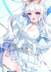 Rule 34 | 1girl, animal ears, blue bow, blue collar, blue eyes, blunt bangs, blush, bow, bow legwear, breasts, cat ears, chosu, collar, crown, dress, frilled dress, frills, hair ornament, highres, jewelry, necklace, original, thighhighs, thighs, white bow, white dress, white hair, white thighhighs