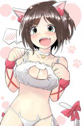 Rule 34 | 10s, 1girl, animal ears, bell, neck bell, blush, breasts, brown hair, cat cutout, cat day, cat ear panties, cat ears, cat lingerie, cat tail, cleavage, cleavage cutout, clothing cutout, collar, embarrassed, fang, green eyes, highres, idolmaster, idolmaster cinderella girls, jingle bell, kemonomimi mode, kuromu (underporno), maekawa miku, meme attire, navel, open mouth, panties, paw pose, paw print, ribbon, side-tie panties, solo, spoken blush, tail, tail ornament, tail ribbon, tears, underwear