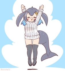 Rule 34 | 1girl, arms up, blue background, blue hair, blue whale (kemono friends), boots, cetacean tail, coroha, fins, fish tail, full body, glasses, grey hair, grey sweater, hair ornament, head fins, jumping, kemono friends, looking at viewer, multicolored hair, short hair, simple background, solo, sweater, tail, two-tone hair