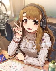 Rule 34 | 1girl, bent v, blush, bottle, breasts, brown hair, frilled sleeves, frills, headphones, highres, idolmaster, idolmaster million live!, indoors, kamille (vcx68), lens flare, long sleeves, looking at viewer, medium breasts, microphone, miyao miya, on chair, pop filter, radio booth, redrawn, shirt, sitting, smile, solo, striped clothes, striped shirt, thick eyebrows, v, vertical-striped clothes, vertical-striped shirt