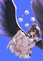 Rule 34 | 1girl, absurdres, barefoot, bird wings, black hair, black panties, black skirt, black wings, blue background, commentary, frilled skirt, frills, full body, hat, highres, interlocked fingers, looking at viewer, open mouth, own hands together, panties, pom pom (clothes), red eyes, red hat, shameimaru aya, shirt, short hair, short sleeves, simple background, skirt, solo, tokin hat, touhou, underwear, white shirt, wings, yuuka (a0240765)