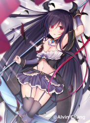 Rule 34 | 1girl, bare shoulders, black dress, black feathers, black footwear, black hair, black thighhighs, black wings, blush, boots, breasts, cleavage, commentary request, detached sleeves, dress, feathers, garter straps, hair between eyes, has bad revision, has cropped revision, head wings, highres, holding, knee boots, ko yu, long hair, long sleeves, looking at viewer, lying, md5 mismatch, medium breasts, navel, official art, on back, original, parted lips, pleated skirt, purple skirt, red eyes, resolution mismatch, skirt, solo, source smaller, thighhighs, twitter username, very long hair, wings