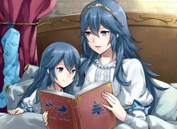 Rule 34 | 2girls, :d, aged down, ameno (a meno0), bad id, bad twitter id, bed sheet, blue bow, blue eyes, blue hair, book, bow, christmas, diadem, dress, dual persona, fire emblem, fire emblem awakening, holding, holding book, long hair, long sleeves, lucina (fire emblem), multiple girls, nintendo, open book, open mouth, pillow, smile, symbol-shaped pupils, time paradox, under covers, white dress