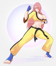 Rule 34 | 1girl, belt, black belt, blue eyes, blue gloves, breasts, clenched hands, commentary, crop top, fighting stance, fingerless gloves, floral print, full body, gloves, grey background, hair over one eye, highres, ihsnet, large breasts, long hair, looking at viewer, midriff, navel, no shoes, original, pants, pink hair, shirt, smile, solo, standing, stomach, very long hair, yellow pants, yellow shirt
