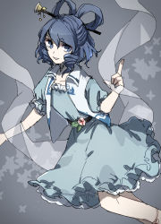 Rule 34 | 1girl, belt, blue dress, blue eyes, blue hair, boots, dress, drill hair, drill sidelocks, feet out of frame, floating, floral background, grey background, hagoromo, hair between eyes, hair ornament, hair rings, hair stick, hand up, index finger raised, kaku seiga, looking at viewer, oito (bowstringsmall), open clothes, open vest, parted lips, puffy short sleeves, puffy sleeves, shawl, short sleeves, sidelocks, simple background, smile, solo, touhou, vest, white vest, wing collar