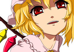 Rule 34 | 1girl, anime coloring, blonde hair, blouse, close-up, collared shirt, embodiment of scarlet devil, female focus, flandre scarlet, hair between eyes, hat, lowres, m-eiji, mob cap, open mouth, red eyes, shirt, solo, touhou, white hat, white shirt, wings