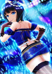 Rule 34 | 1girl, aqua flower, artist name, artist request, asaka karin, bare shoulders, black gloves, black legwear, blue corset, blue dress, blue eyes, blue feathers, blue flower, blue hair, blue hat, blue skirt, blush, bow, bracelet, breasts, cleavage, clothing cutout, collarbone, corset, cross-laced clothes, cross-laced dress, dark blue hair, dress, elbow gloves, feather hair ornament, feathers, female focus, flower, frilled dress, frilled skirt, frills, from behind, garter straps, gloves, glowstick, hair ornament, hairclip, hairpin, hand on own hip, hat, hat flower, jewelry, lace, lace-trimmed gloves, lace trim, looking at viewer, looking back, love live!, love live! nijigasaki high school idol club, love live! school idol festival, medium breasts, medium hair, mini hat, miniskirt, mole, mole on body, mole on breast, navel, navel cutout, necklace, parted lips, pearl bracelet, pinstripe legwear, pinstripe pattern, plaid, plaid dress, plaid skirt, pleated, pleated dress, pleated skirt, purple bow, short hair, sideboob, single garter strap, skirt, sleeveless, sleeveless dress, smile, solo, stage, stage lights, starlight (love live!), strapless, strapless dress, striped legwear, suspenders, v-shaped eyebrows, vertical-striped legwear